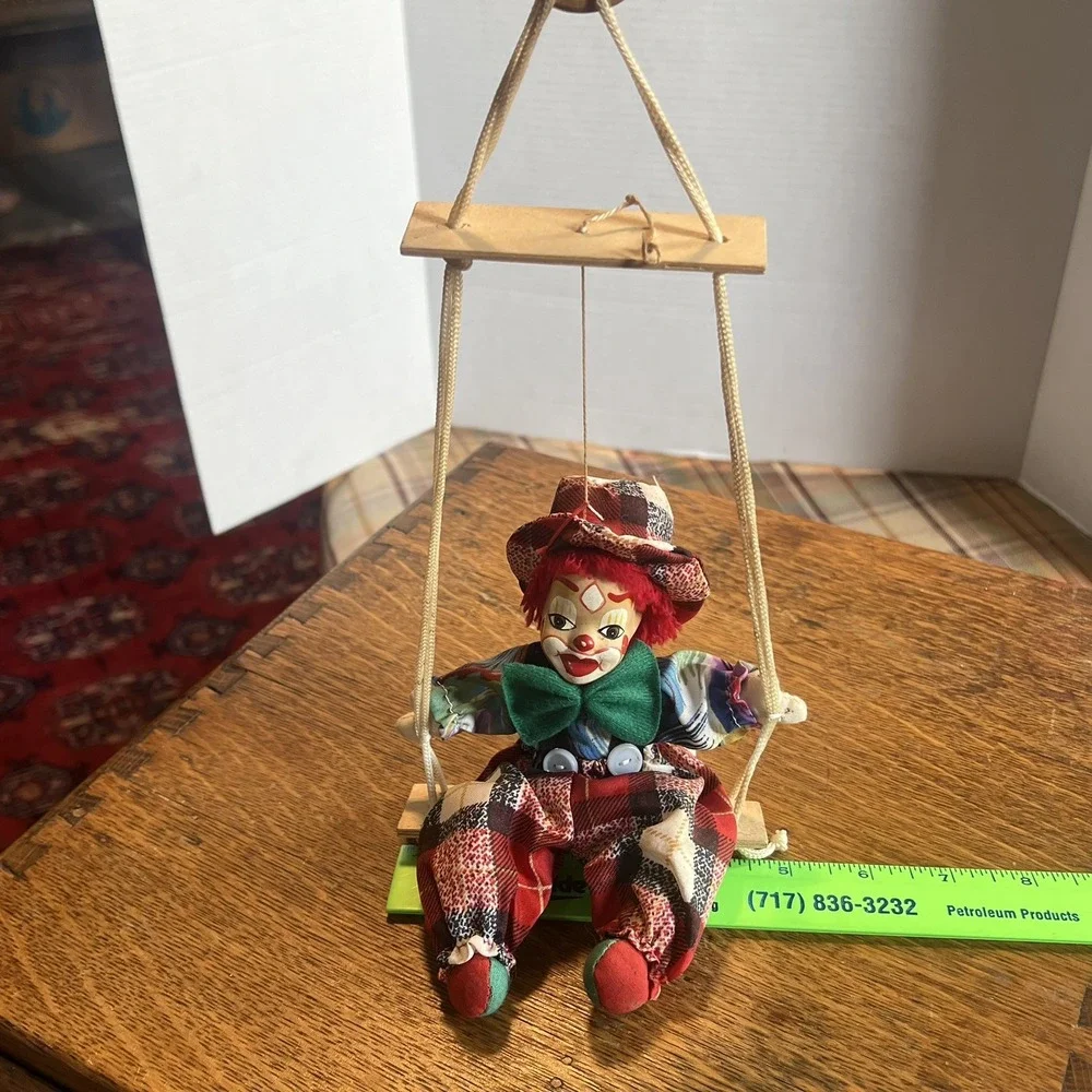 Vintage Ashley Belle Clown Boy Doll on Wooden Swing Porcelain Face Collectible
